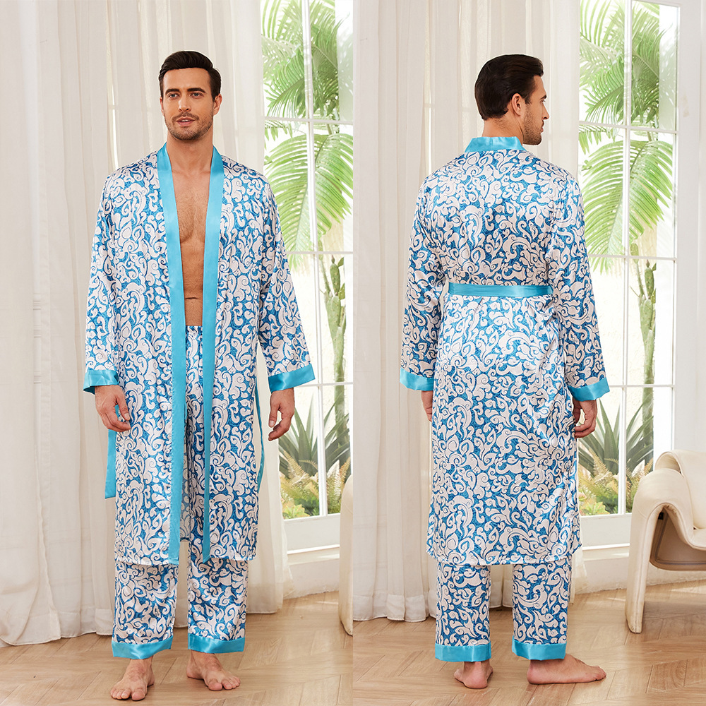Men's Silk Pajamas Set Luxury Blue Floral Sleepwear 8 Men's Silk Pajamas Set Luxury Blue Floral Sleepwear - Image 8