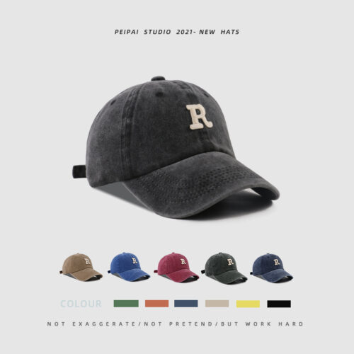Washed Letter R Stick Ball Cap Casual Patch Sun Hat