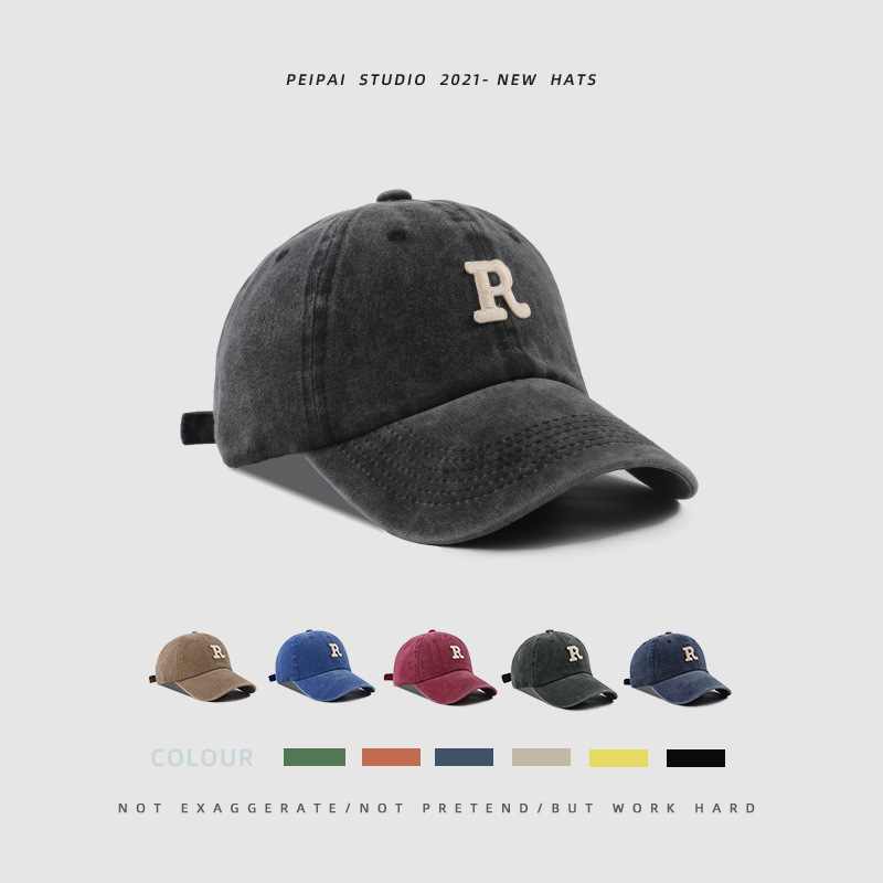 Washed Letter R Stick Ball Cap Casual Patch Sun Hat 1 Washed Letter R Stick Ball Cap Casual Patch Sun Hat