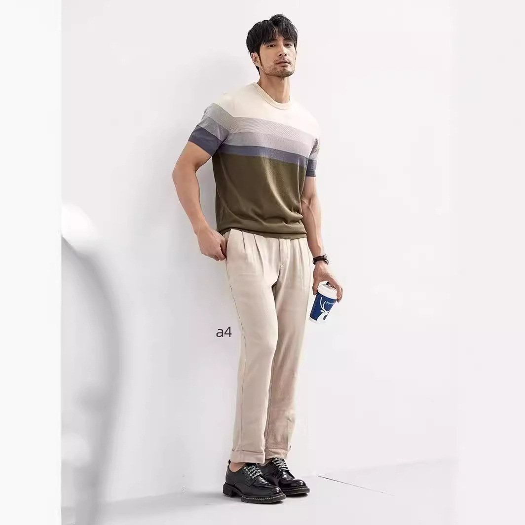 Summer New Light Mature Short Sleeve Knitted Sweater Men Gradient Color Block Stripe 3 Summer New Light Mature Short Sleeve Knitted Sweater Men Gradient Color Block Stripe - Image 3
