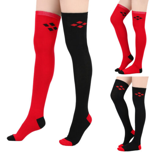 Fashion Red And Black Diamond Pattern Thigh-high Cotton Cosplay Harley Quinn Women's Socks