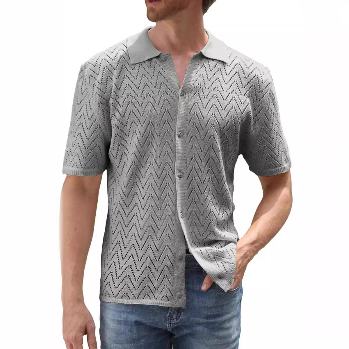 Men's Crochet Shirt Hollow Out Leisure Summer Top 2 Men's Crochet Shirt Hollow Out Leisure Summer Top - Image 2