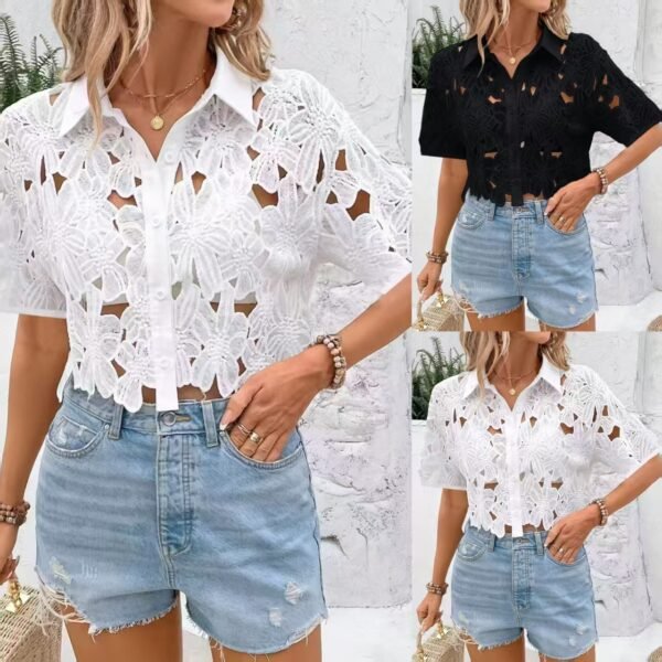 Summer Collection — White Lace Top Stand Collar Long Sleeve Elegant Office Shirt