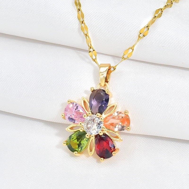 Gold Colorful Crystals Five-petal Flower Ear Stud Necklace Women 7 Gold Colorful Crystals Five-petal Flower Ear Stud Necklace Women - Image 7