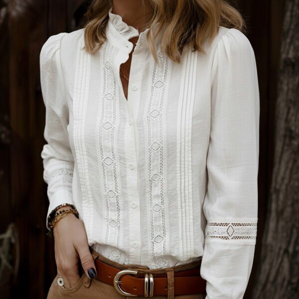 Summer Collection — White Lace Blouse Stand Collar Elegant Office White Shirt
