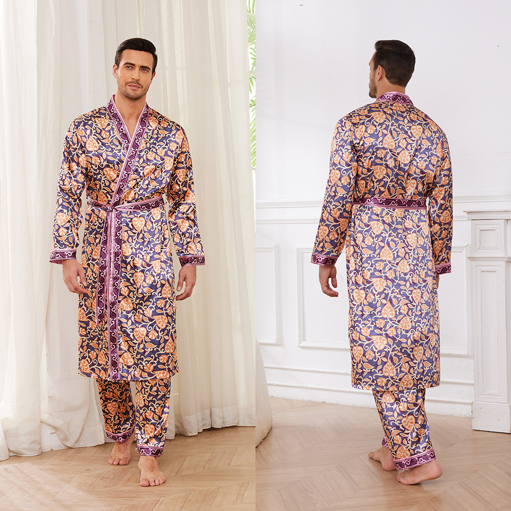 Men's Silk Pajamas Set Luxury Blue Floral Sleepwear 10 Men's Silk Pajamas Set Luxury Blue Floral Sleepwear - Image 10
