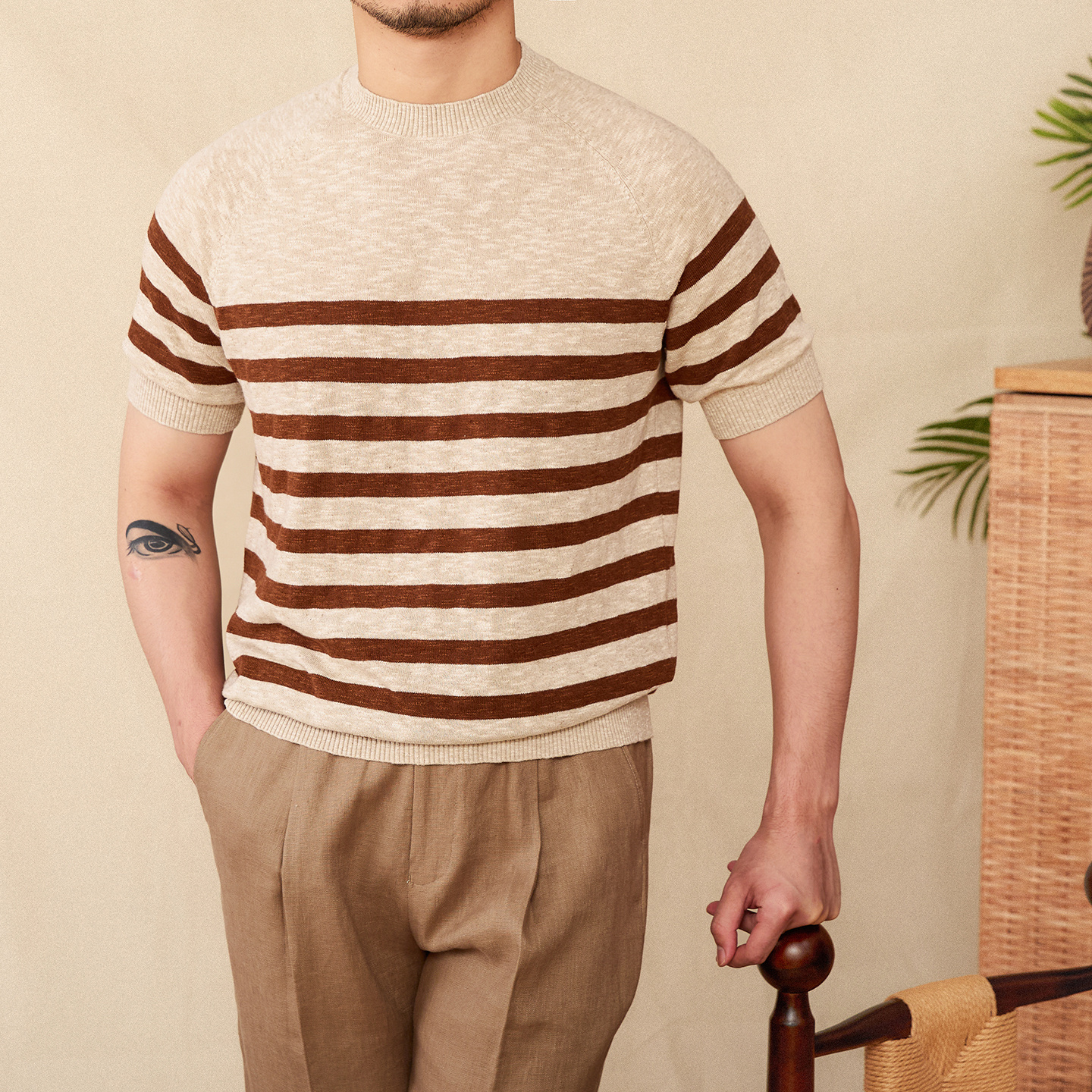 Linen Leisure Cotton Short Sleeve Round Neck Stripe Knitted T-shirt 1 Linen Leisure Cotton Short Sleeve Round Neck Stripe Knitted T-shirt