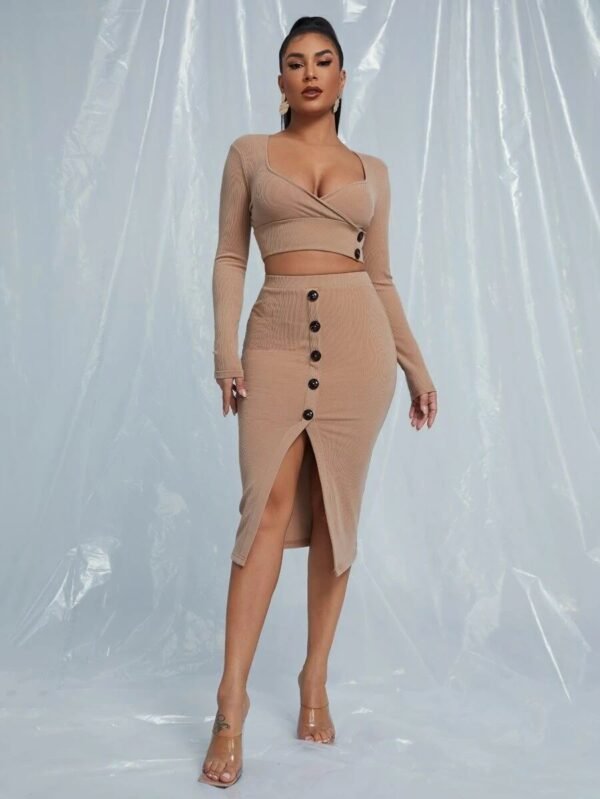 Men's Edit — Ribbed Knit Two Piece Set Women Crop Top Midi Skirt Camel
