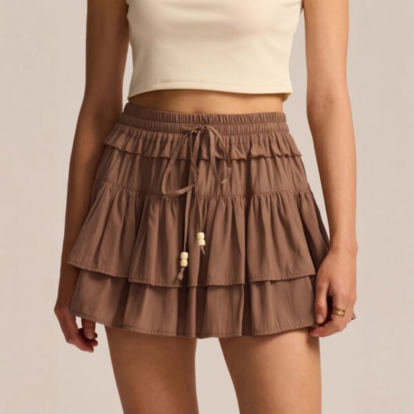 Summer Collection — Short Skirt Brown Tiered Ruffle Mini Skort with Liners