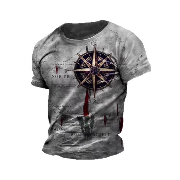 Men's Vintage Nautical Map Compass Printed T-shirt 2 Men's Vintage Nautical Map Compass Printed T-shirt - Image 2