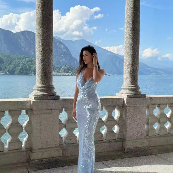 The Resort Edit — Sequin Evening Gown Ice Blue Cowl Neck Maxi Dress