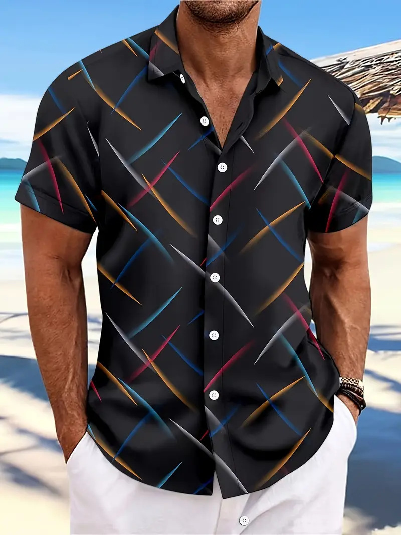 Summer New Men's Striped Feather Casual Beach Short Sleeve Button Shirt 9 Summer New Men's Striped Feather Casual Beach Short Sleeve Button Shirt - Image 9