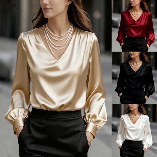 Summer Collection — Satin V Neck Blouse Elegant Lantern Sleeve French Top