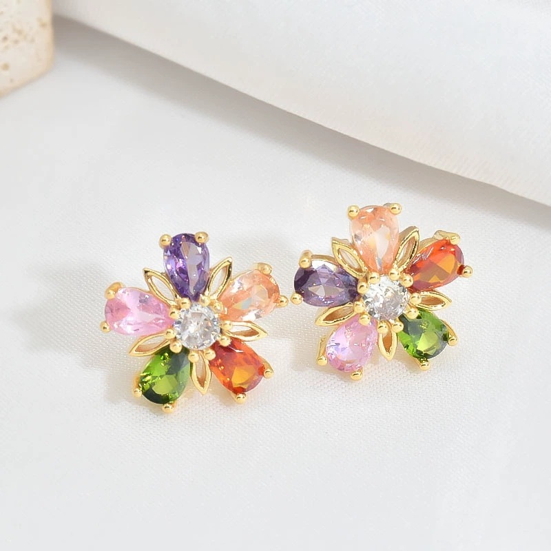 Gold Colorful Crystals Five-petal Flower Ear Stud Necklace Women 6 Gold Colorful Crystals Five-petal Flower Ear Stud Necklace Women - Image 6