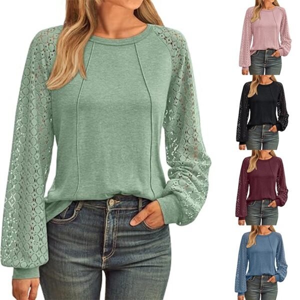 Summer Collection — Lace Patchwork Top Round Neck Pleated Long Sleeve Shirt