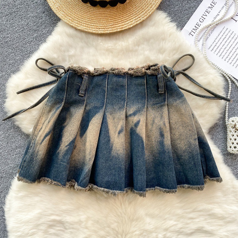 Pleated Denim Mini Skirt Washed Blue Y2K Style with Bow 2 Pleated Denim Mini Skirt Washed Blue Y2K Style with Bow - Image 2