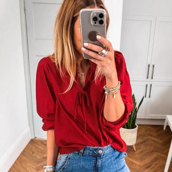 Summer Collection — Red Chiffon Tie Blouse V-Neck Long Sleeve Elegant Work Top