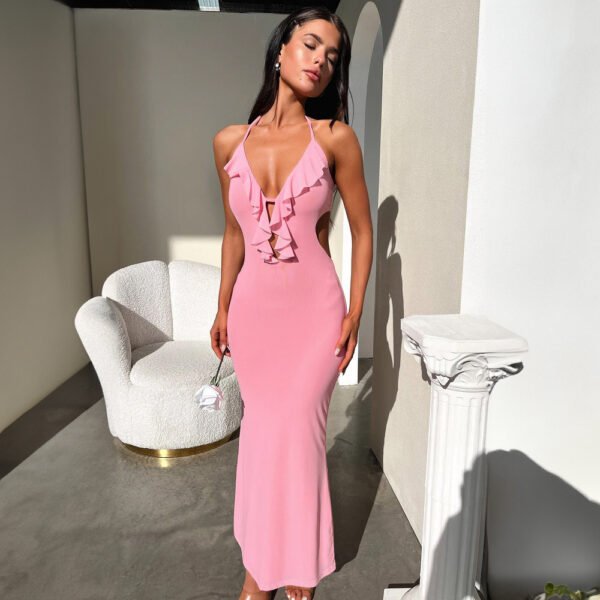 The Resort Edit — Halter Neck Dress Pink Cut Out Bodycon Party Gown