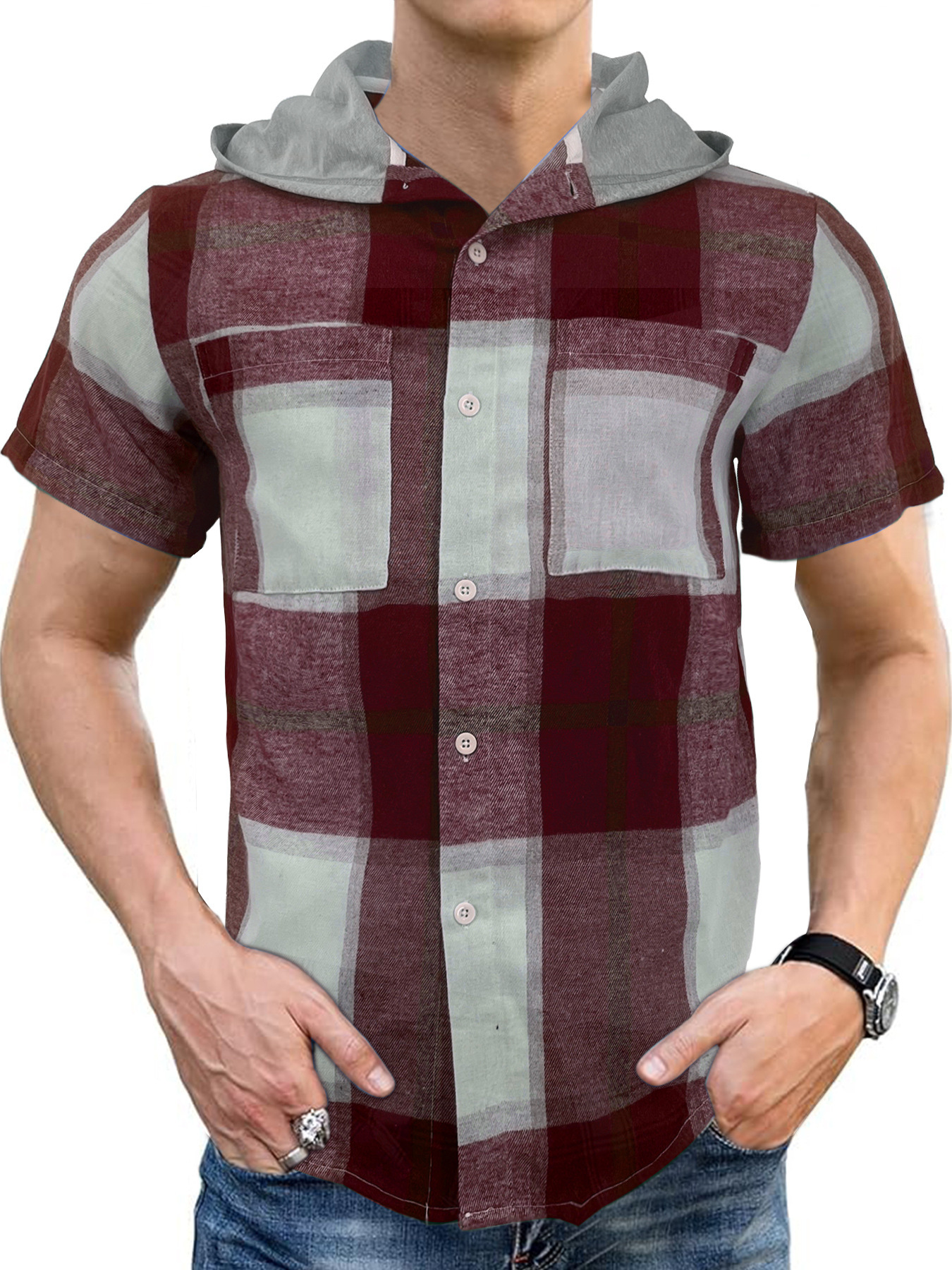 Hooded Plaid Shirt Men's Short Sleeve Casual Business Top 5 Hooded Plaid Shirt Men's Short Sleeve Casual Business Top - Image 5