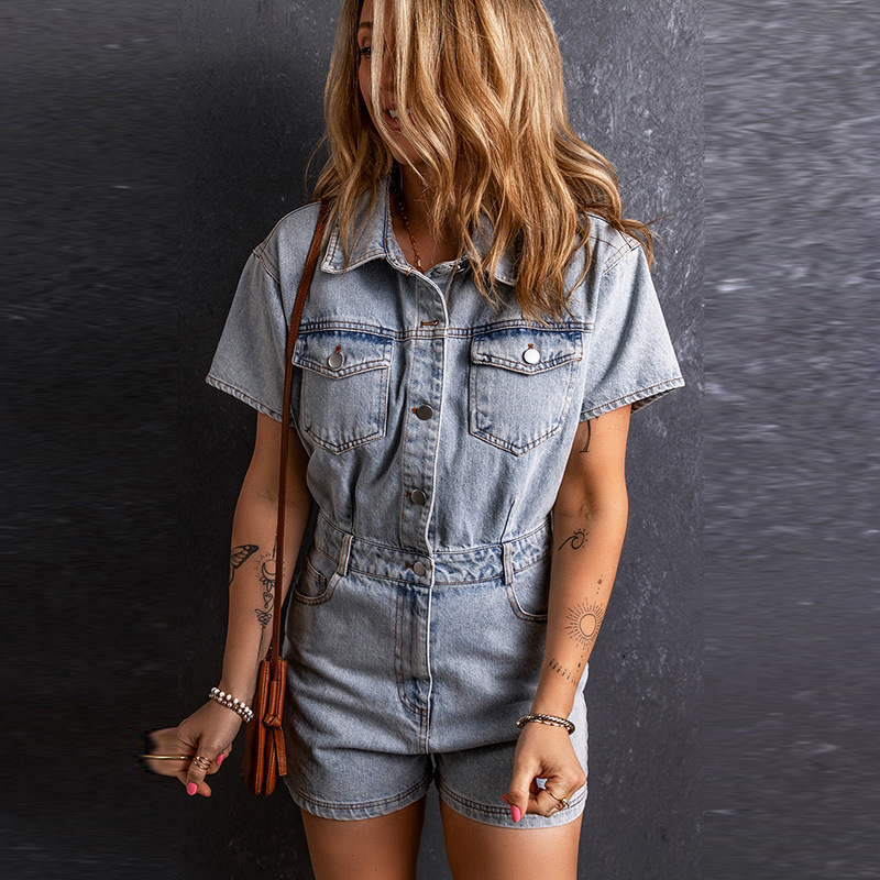Denim Romper Vintage Blue Short Sleeve Button-Up Playsuit 1 Denim Romper