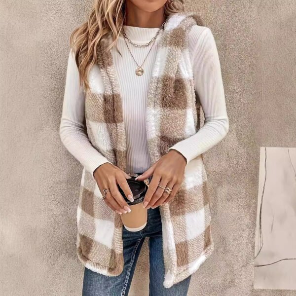 Summer Collection — Vest Two-Tone Plaid Hooded Plush Elegant Women's Coat
