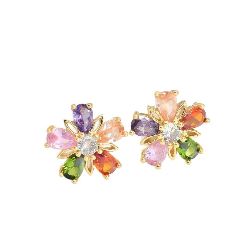 Gold Colorful Crystals Five-petal Flower Ear Stud Necklace Women 9 Gold Colorful Crystals Five-petal Flower Ear Stud Necklace Women - Image 9
