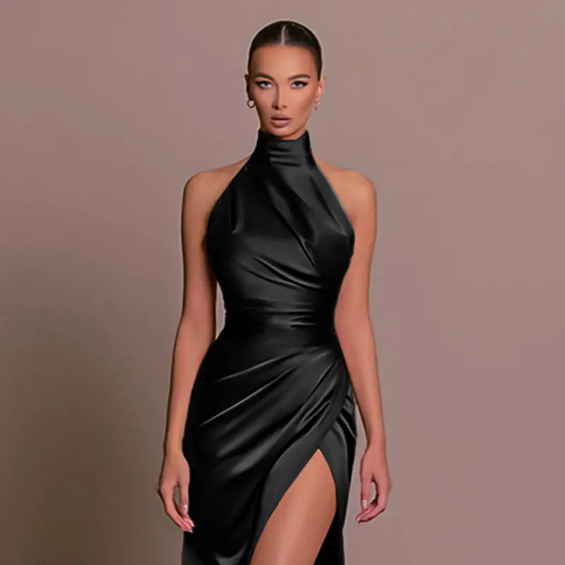 satin halter gown women — Halter Neck Satin Gown - Elegant Sleeveless Slit Slim Dress | Regal Wear