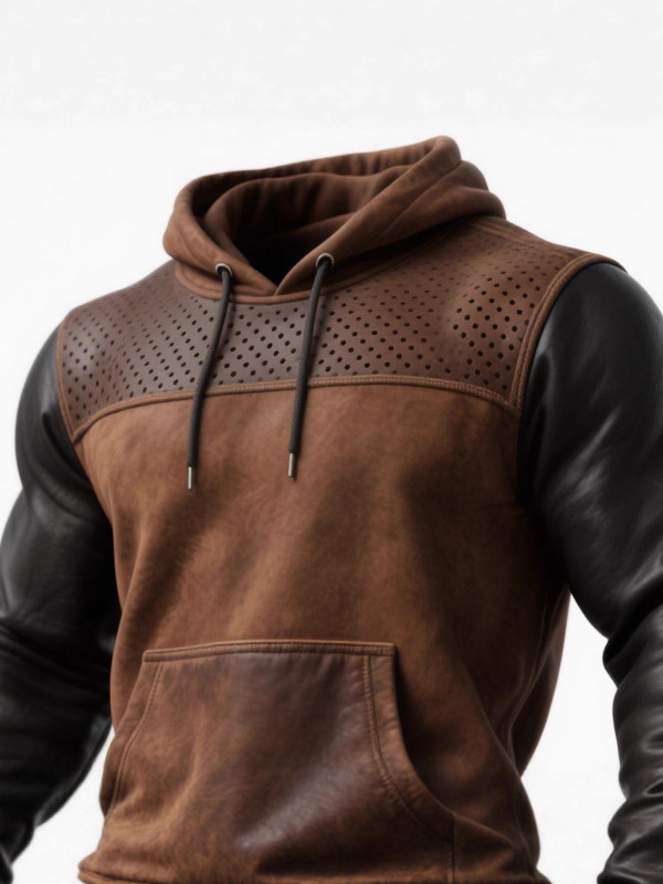 Leather Hoodie Men's Retro Brown Perforated Casual Top 2 Leather Hoodie Men's Retro Brown Perforated Casual Top - Image 2