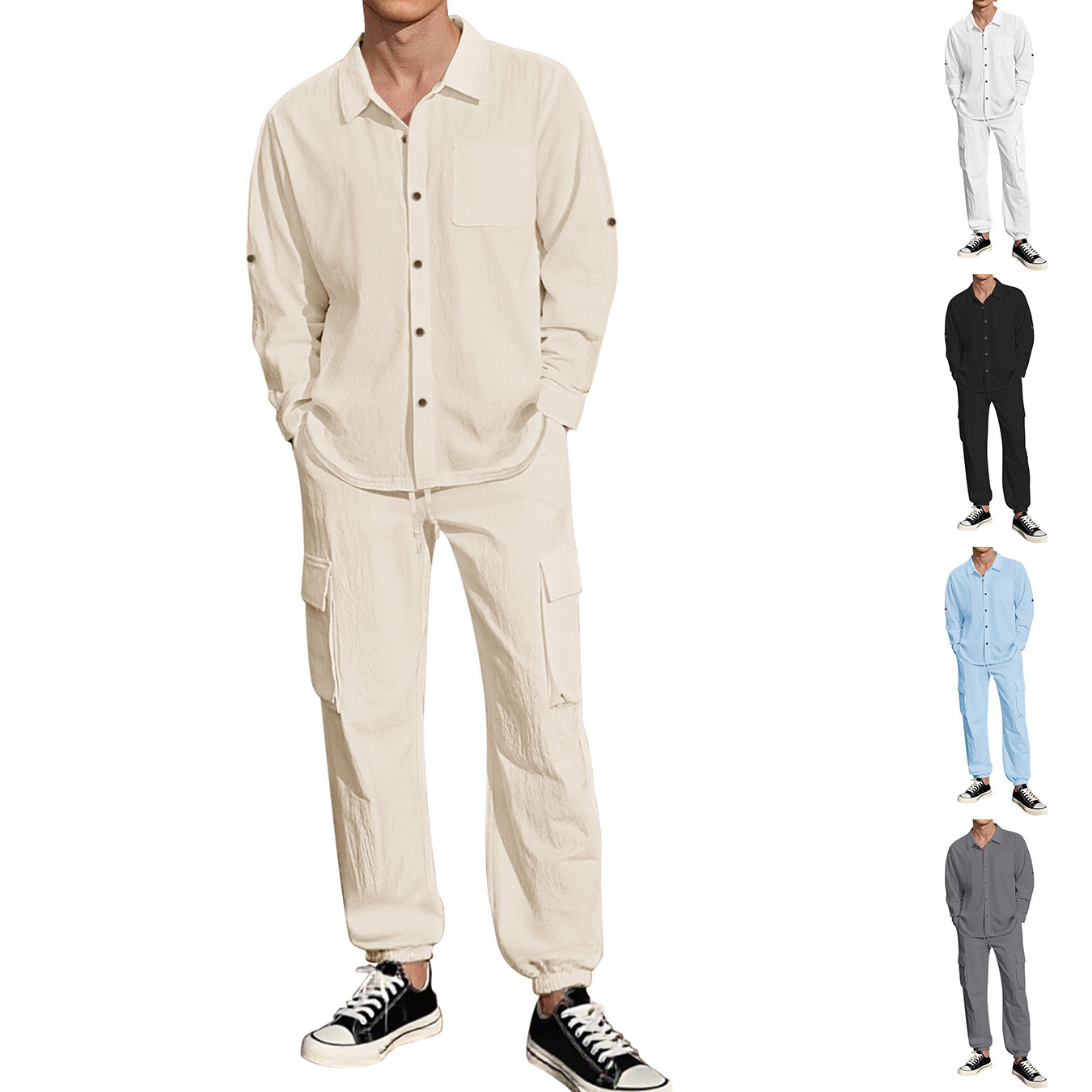 Men's Linen Shirt and Pants Set Casual Lapel Summer Suit 4 Men's Linen Shirt and Pants Set Casual Lapel Summer Suit - Image 4