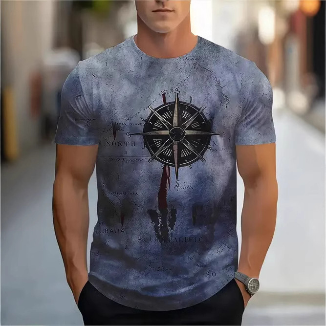 Men's Vintage Nautical Map Compass Printed T-shirt 1 Men's Vintage Nautical Map Compass Printed T-shirt