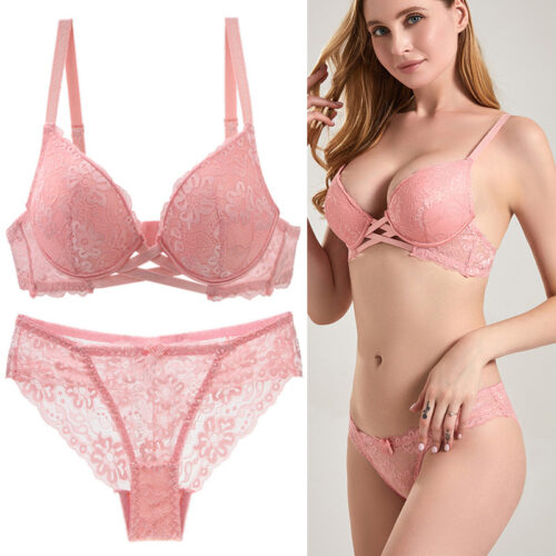 Pink Lace Push Up Bra Set