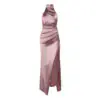 Halter Neck Satin Gown - Elegant Sleeveless Slit Slim Dress - view 4