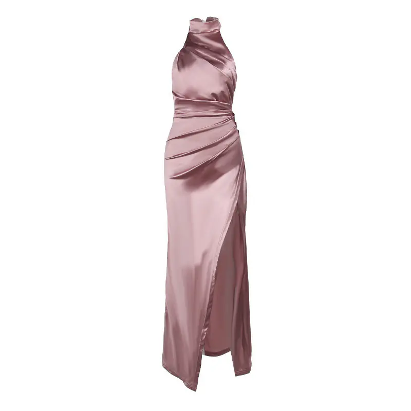 satin halter gown women — Halter Neck Satin Gown – Elegant Sleeveless Slit Slim Dress | Regal Wear EU