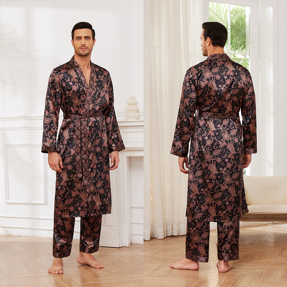Men's Silk Pajamas Set Luxury Blue Floral Sleepwear 9 Men's Silk Pajamas Set Luxury Blue Floral Sleepwear - Image 9