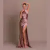 Halter Neck Satin Gown - Elegant Sleeveless Slit Slim Dress - view 2