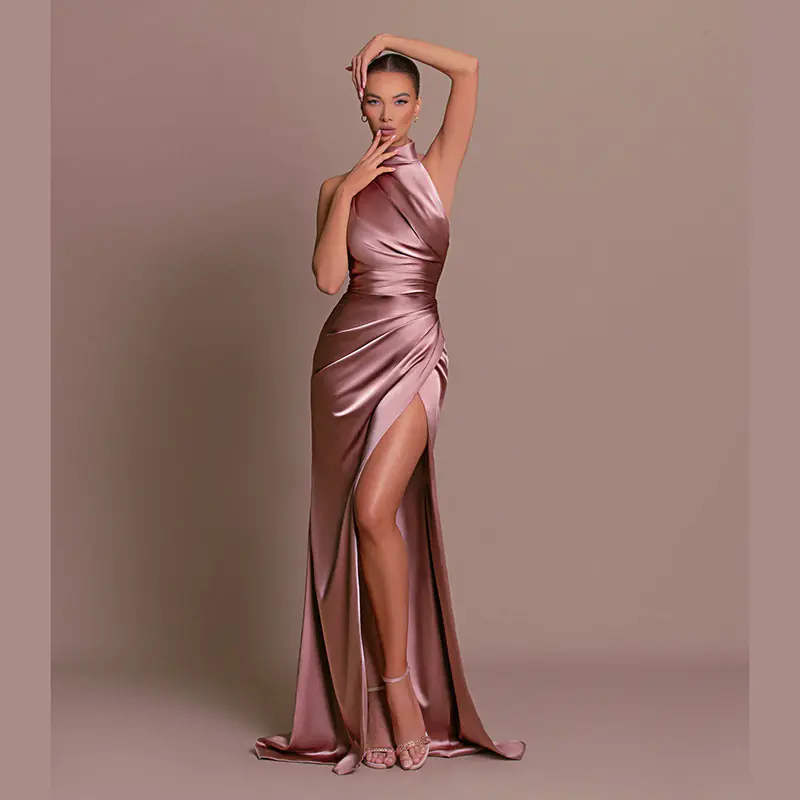 satin halter gown women — Halter Neck Satin Gown – Elegant Sleeveless Slit Slim Dress | Regal Wear EU