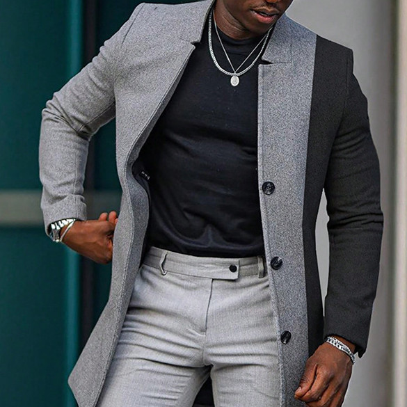 Wool Trench Coat Men's Casual Mid-Length Color Match Coat 1 Wool Trench Coat