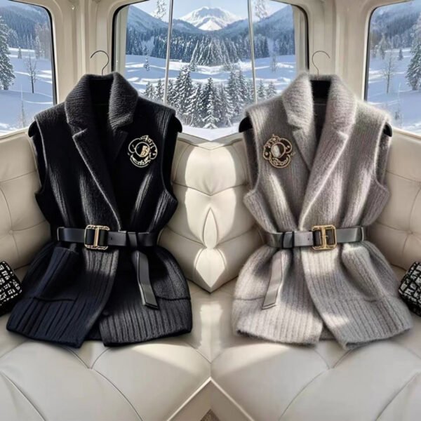 Summer Collection — Knitted Vest Women Belted Wool Chunky Cable V-Neck Gilet