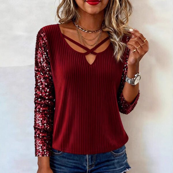 Summer Collection — V Neck Top Sequin Long Sleeve Sparkly Party Blouse