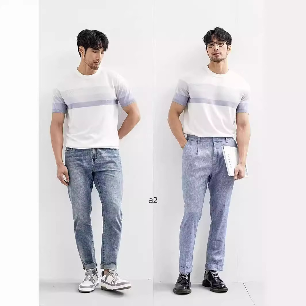Summer New Light Mature Short Sleeve Knitted Sweater Men Gradient Color Block Stripe 4 Summer New Light Mature Short Sleeve Knitted Sweater Men Gradient Color Block Stripe - Image 4