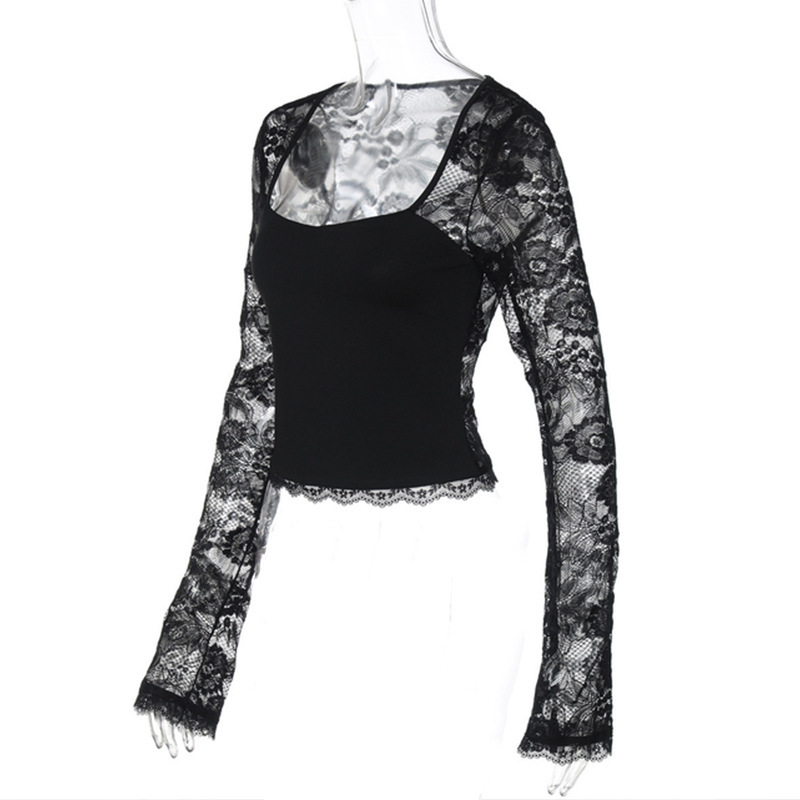 Lace Sleeve Top Hollow Out Patchwork Round Neck Blouse 2 Lace Sleeve Top Hollow Out Patchwork Round Neck Blouse - Image 2