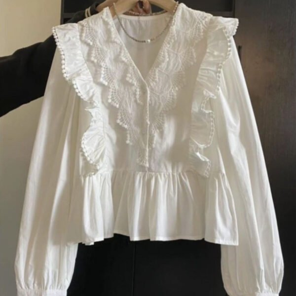 Summer Collection — White Ruffle Blouse V-Neck French Chic Victorian Long Sleeve