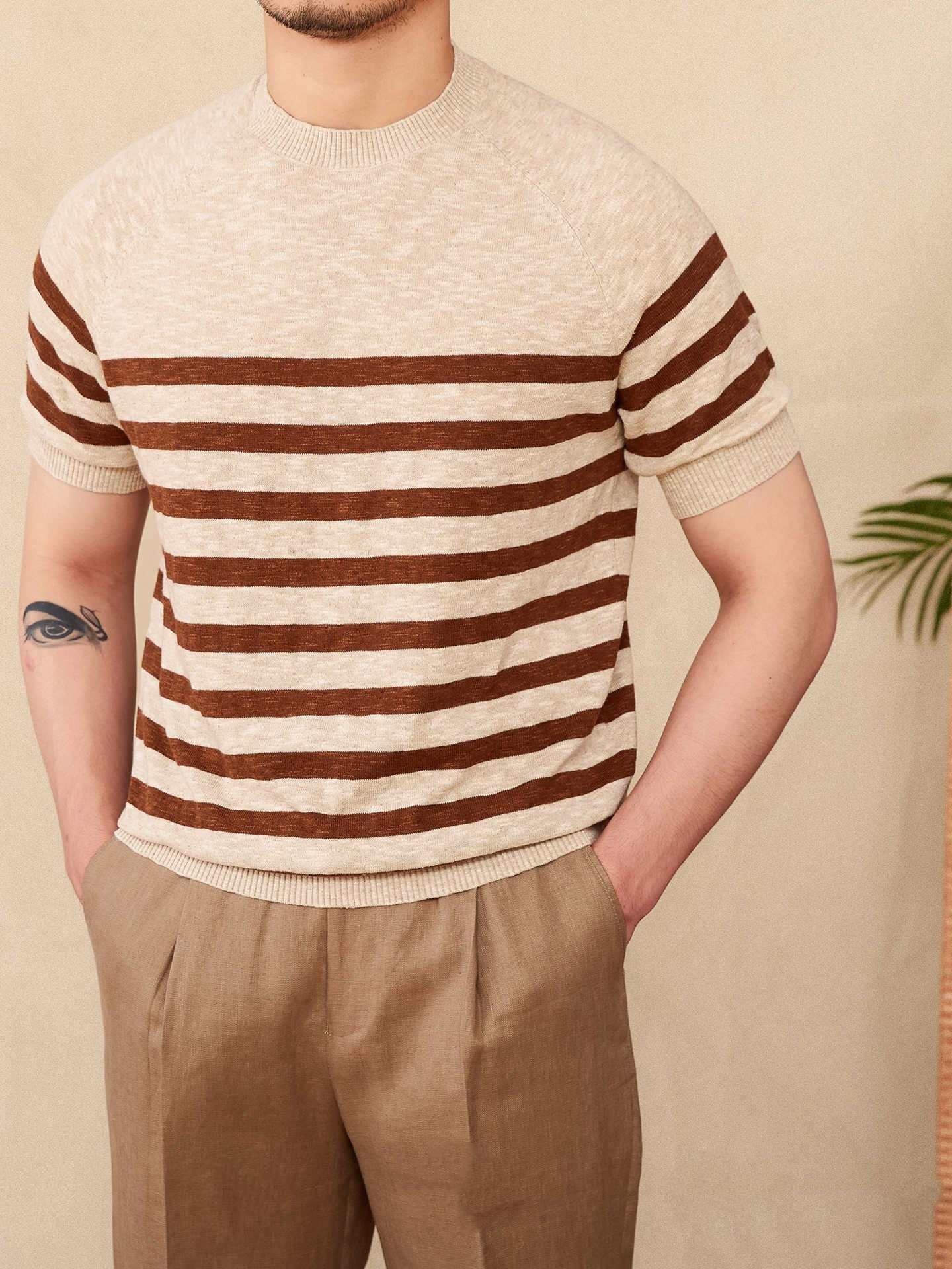 Linen Leisure Cotton Short Sleeve Round Neck Stripe Knitted T-shirt 5 Linen Leisure Cotton Short Sleeve Round Neck Stripe Knitted T-shirt - Image 5