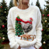 Funny Cat Christmas Jumper Fluffy Fleece Novelty Sweater