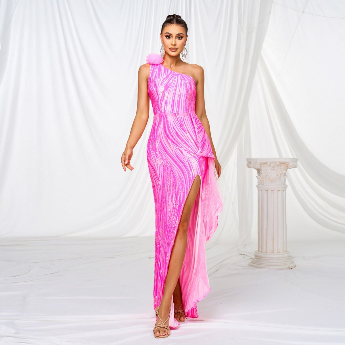 The Resort Edit — Cocktail Dresses Pink Sequin One Shoulder Evening Gown