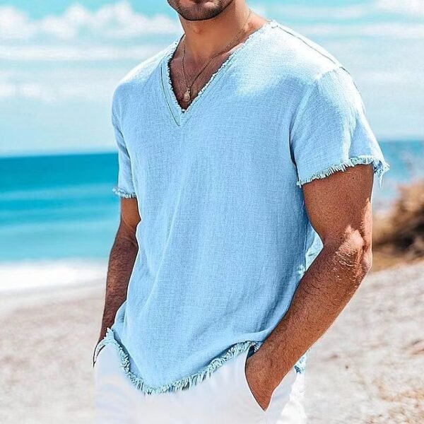 Men's Edit — Beach Shirt Men's Linen V-Neck Frayed Edge Summer Top