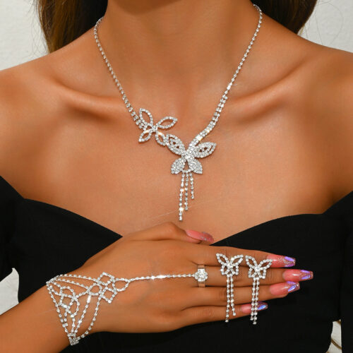 Butterfly Tassel Rhinestone Necklace Earring Bracelet 3 Pieces Suit