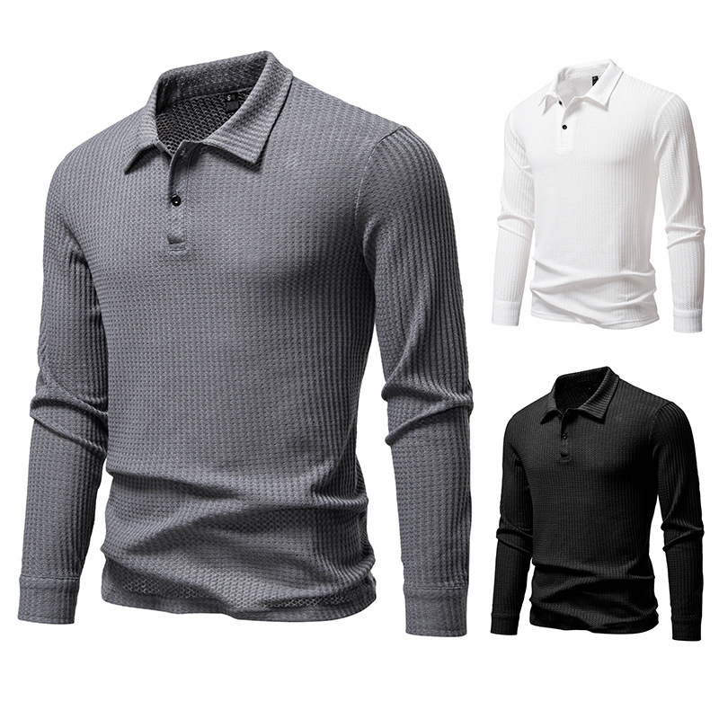 Polo Shirt Waffle-knit Long-sleeve Slim-fit Casual Top 2 Polo Shirt Waffle-knit Long-sleeve Slim-fit Casual Top - Image 2