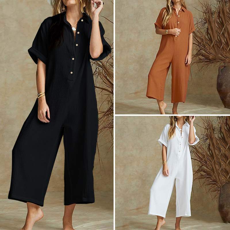 Short Sleeve Rompers Casual Loose White Long Jumpsuit 10 Short Sleeve Rompers Casual Loose White Long Jumpsuit - Image 10