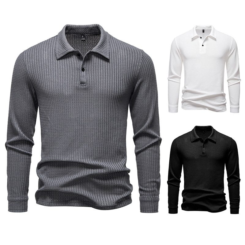 Polo Shirt Waffle-knit Long-sleeve Slim-fit Casual Top 1 Polo Shirt